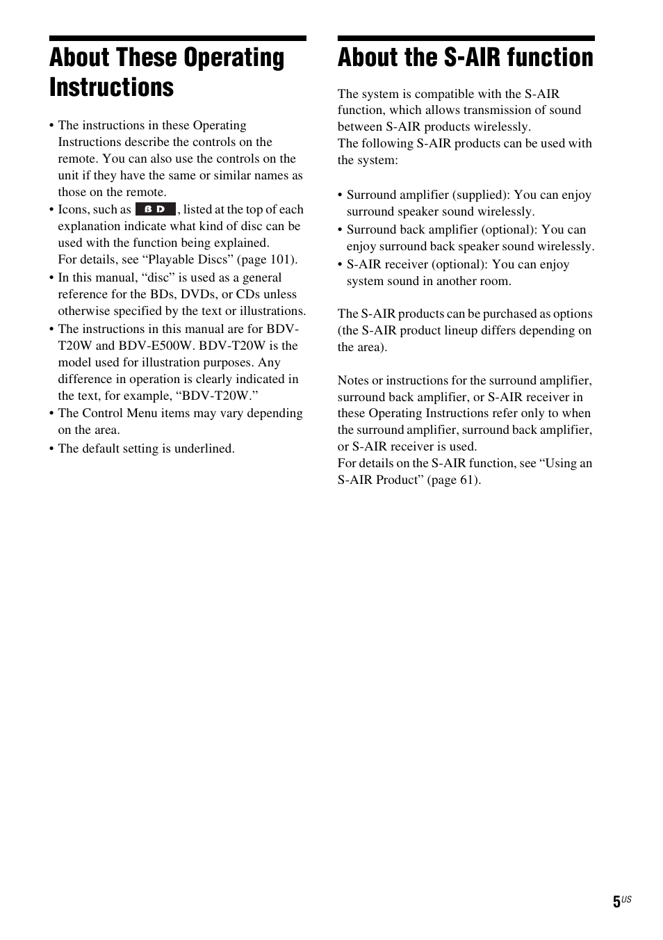 About these operating instructions, About the s-air function | Sony BDV-T20W User Manual | Page 5 / 123