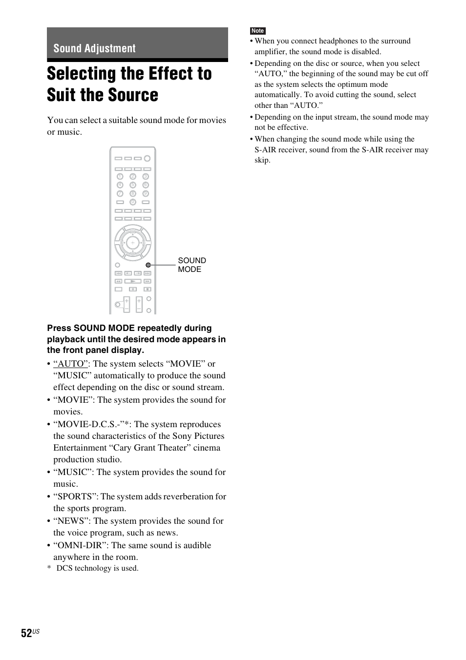 Sound adjustment, Selecting the effect to suit the source, Selecting the effect to suit | The source, E 52) | Sony BDV-T20W User Manual | Page 52 / 123