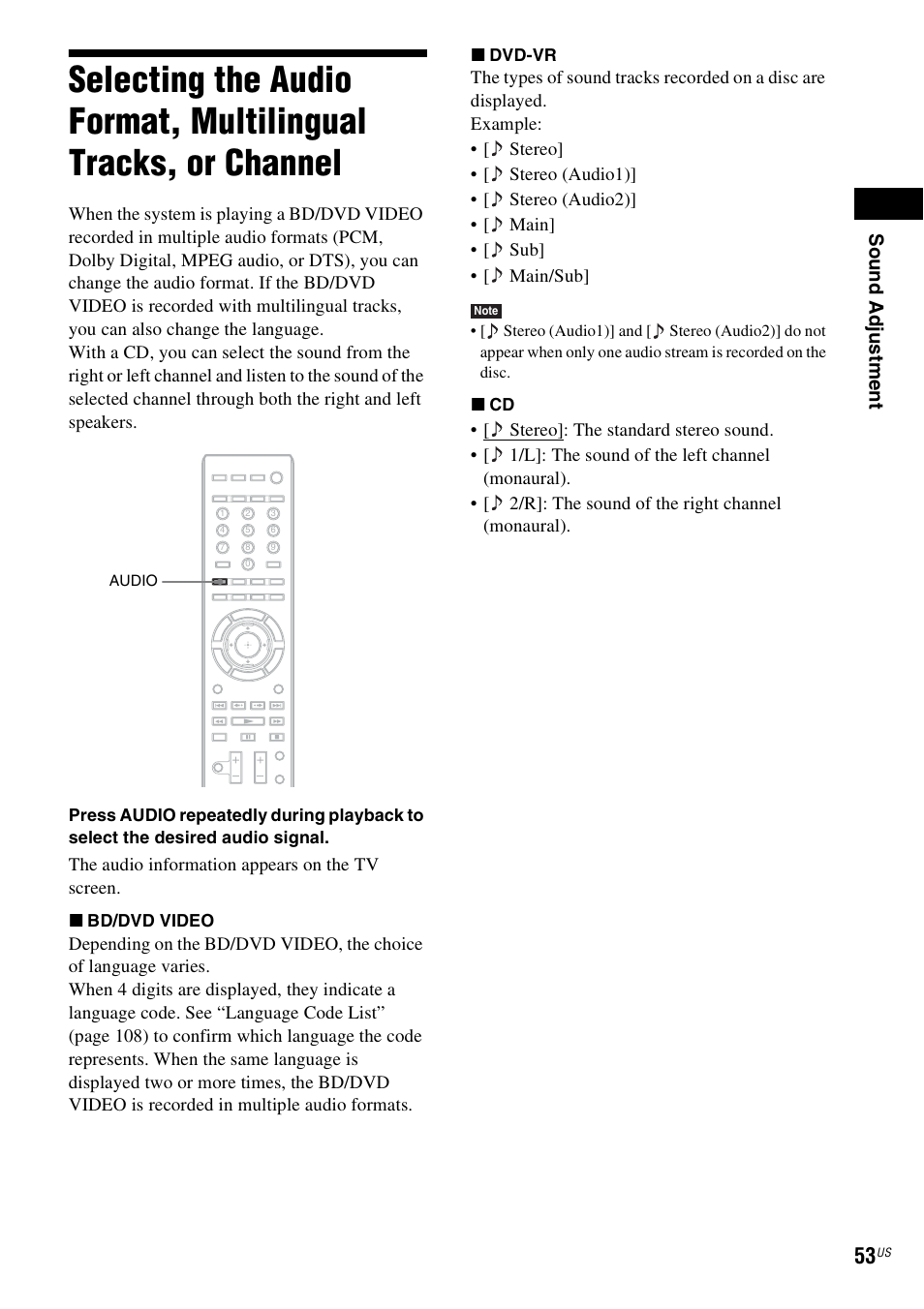 Selecting the audio format, multilingual, Tracks, or channel, Sou nd adj u stm e nt | Sony BDV-T20W User Manual | Page 53 / 123