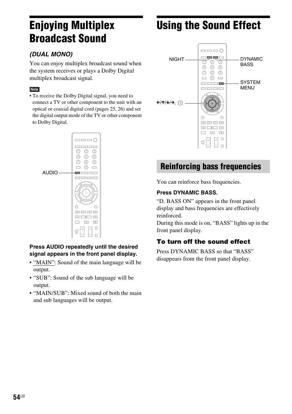 Enjoying multiplex broadcast sound, Using the sound effect, Reinforcing bass frequencies | Enjoying multiplex broadcast, Sound, E 54), Dual mono), You can reinforce bass frequencies | Sony BDV-T20W User Manual | Page 54 / 123