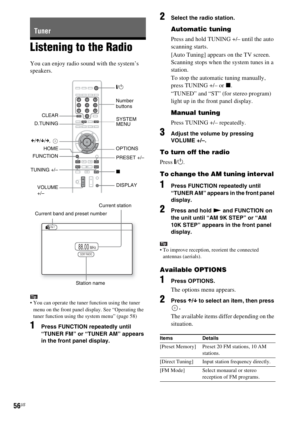 Tuner, Listening to the radio, E 56) | Sony BDV-T20W User Manual | Page 56 / 123