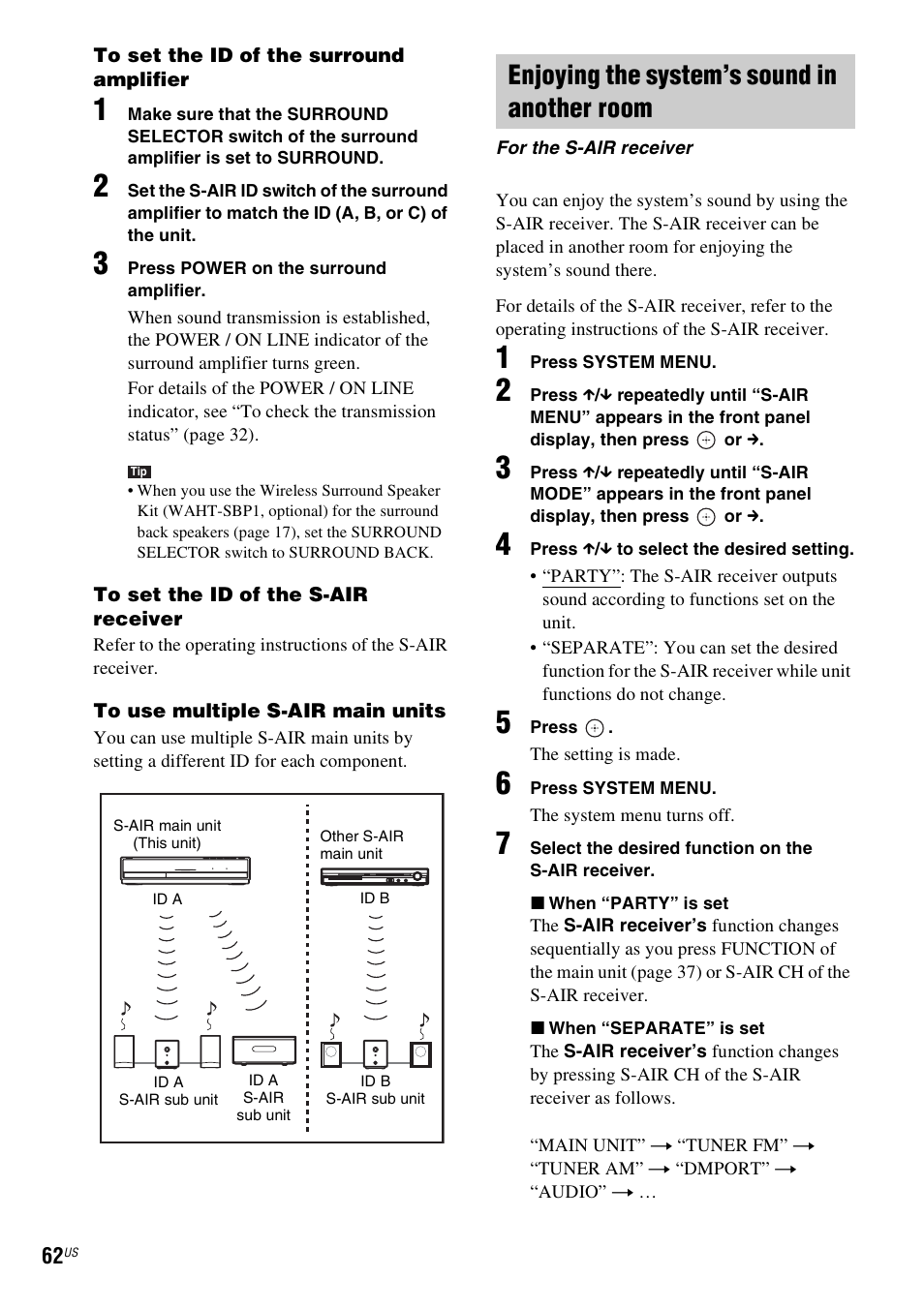 Enjoying the system’s sound in another room, E 62) | Sony BDV-T20W User Manual | Page 62 / 123