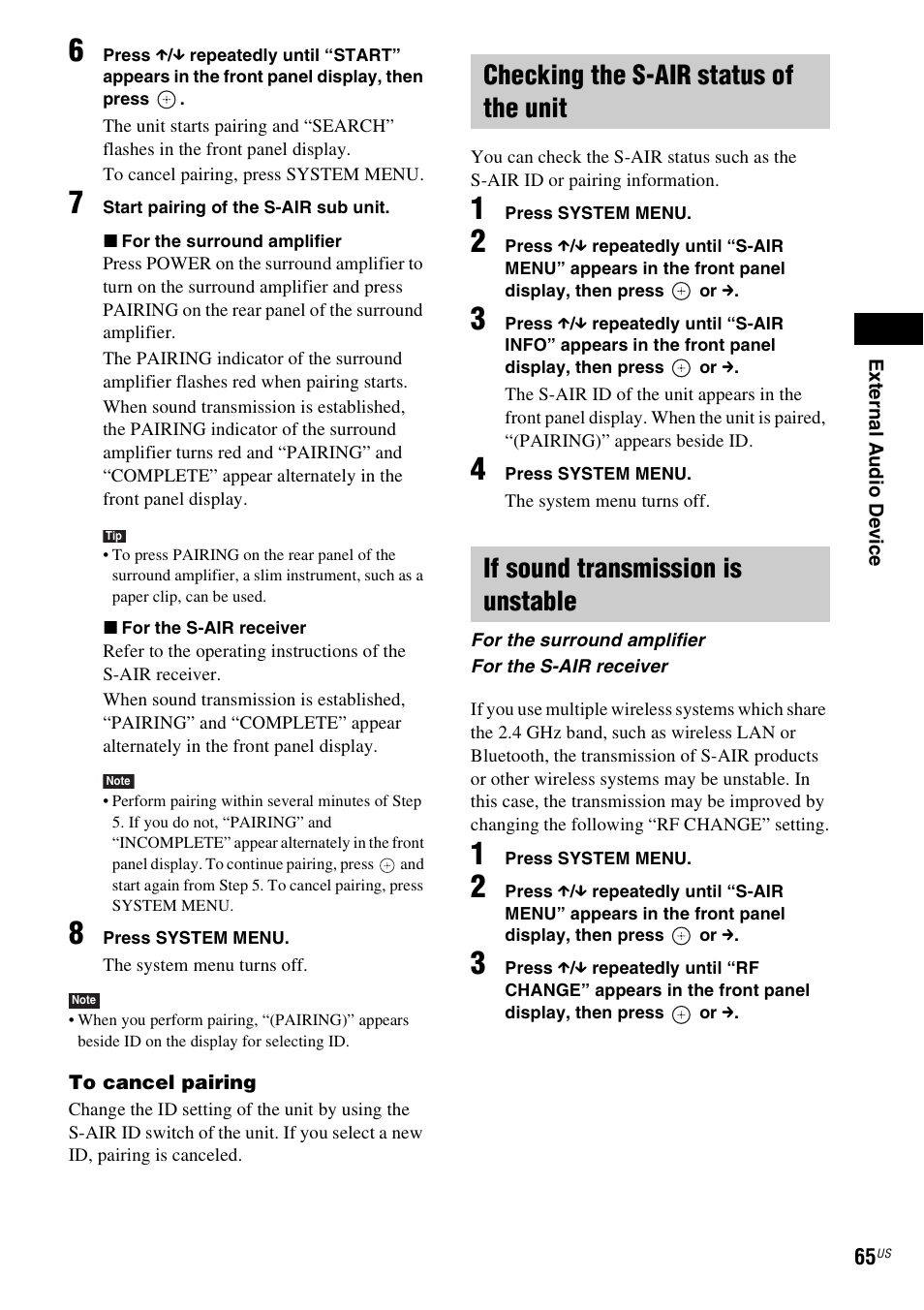 Checking the s-air status of the unit, If sound transmission is unstable | Sony BDV-T20W User Manual | Page 65 / 123