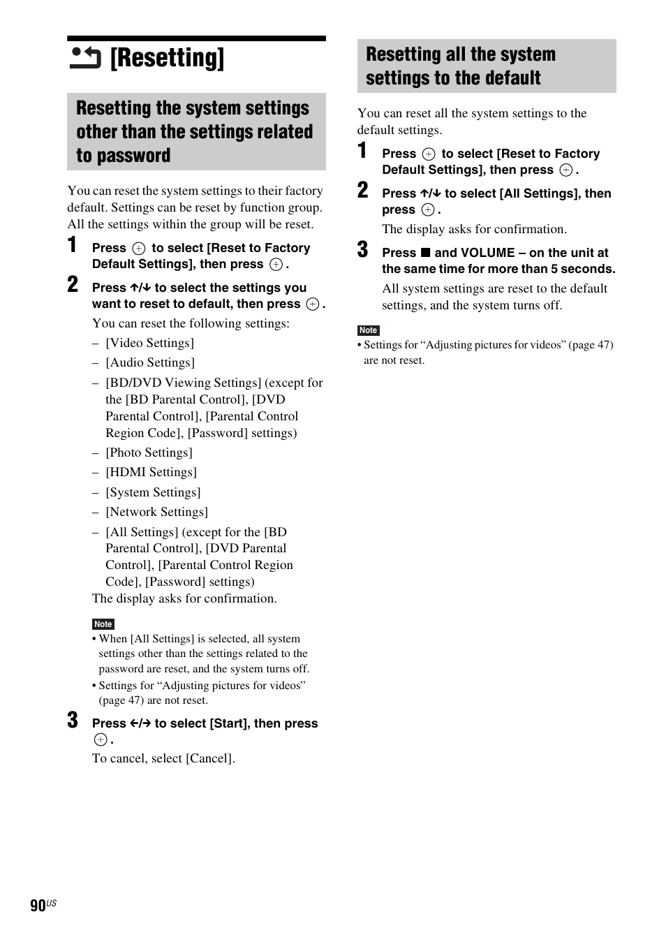 Resetting, Resetting all the system settings to the default | Sony BDV-T20W User Manual | Page 90 / 123