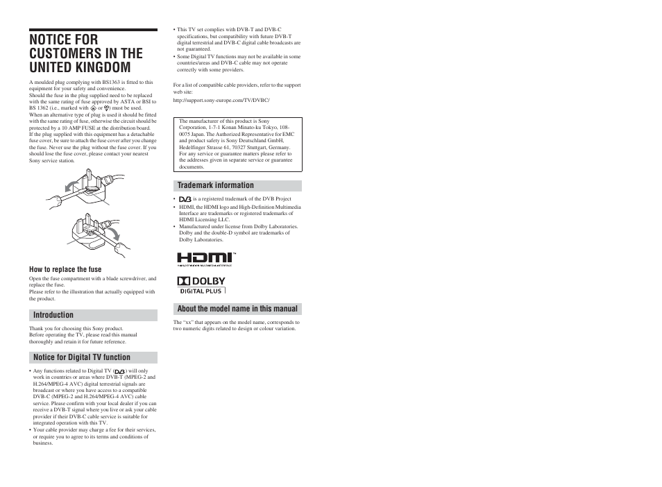 Notice for customers in the united kingdom, Introduction notice for digital tv function, How to replace the fuse | Sony BRAVIA KDL-19S57xx User Manual | Page 2 / 35