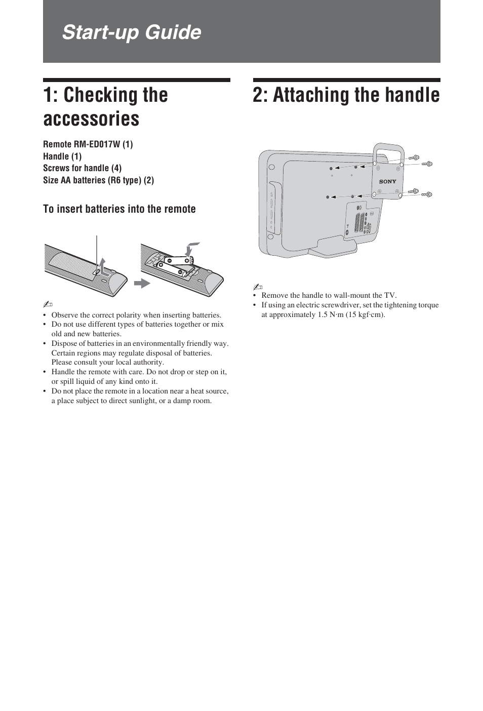 Start-up guide 1: checking the accessories, Attaching the handle | Sony BRAVIA KDL-19S57xx User Manual | Page 4 / 35