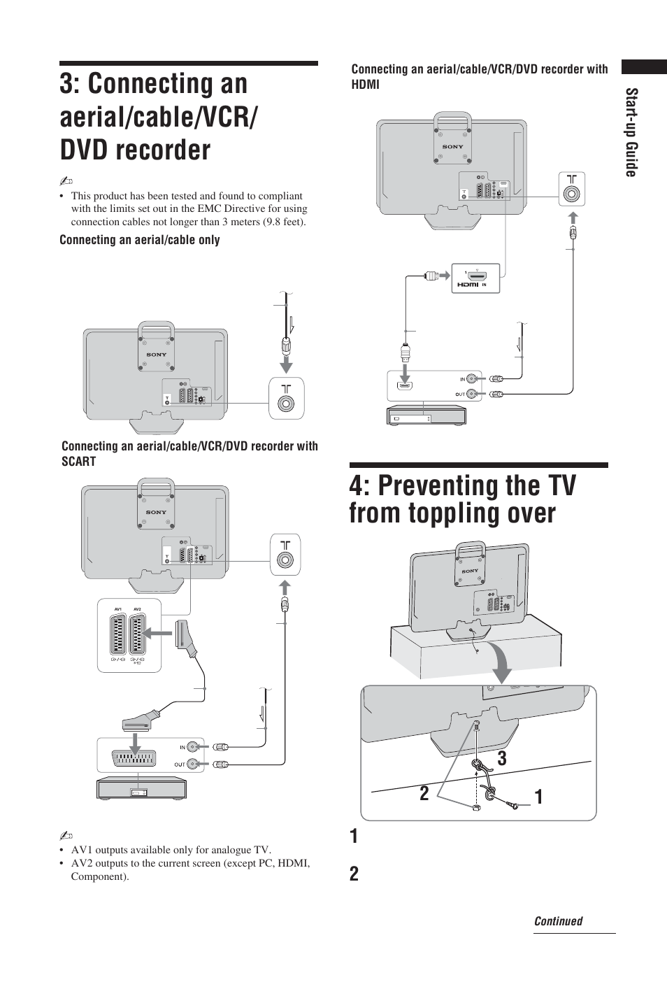 Connecting an aerial/cable/vcr/ dvd recorder, Preventing the tv from toppling over | Sony BRAVIA KDL-19S57xx User Manual | Page 5 / 35