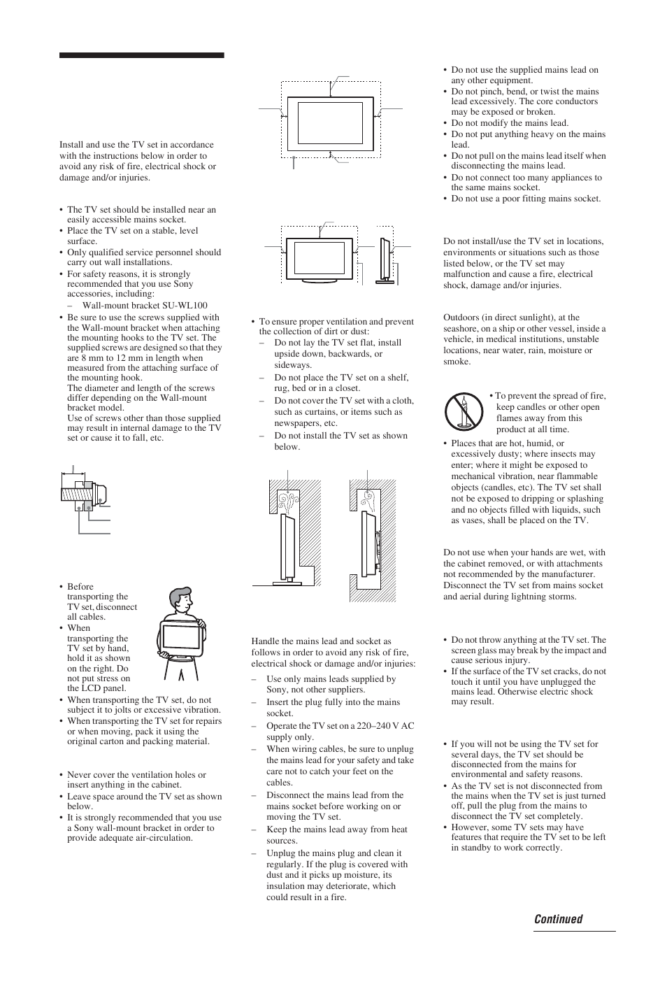 Safety information, Installation/set-up, Mains lead | Prohibited usage, Broken pieces, When not in use | Sony BRAVIA KDL-19S57xx User Manual | Page 9 / 35