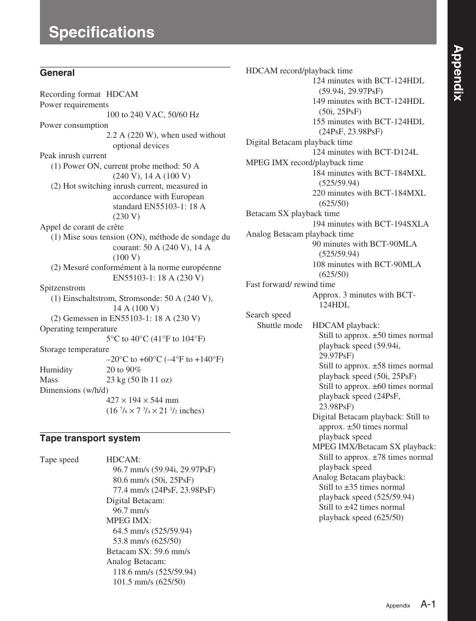 Appendix, Specifications | Sony HDW-M2100 User Manual | Page 105 / 115