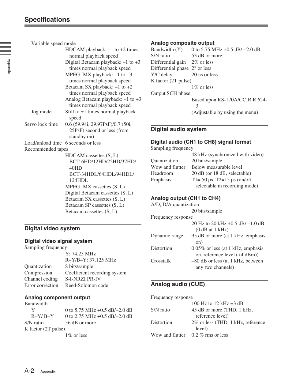 Specifications | Sony HDW-M2100 User Manual | Page 106 / 115