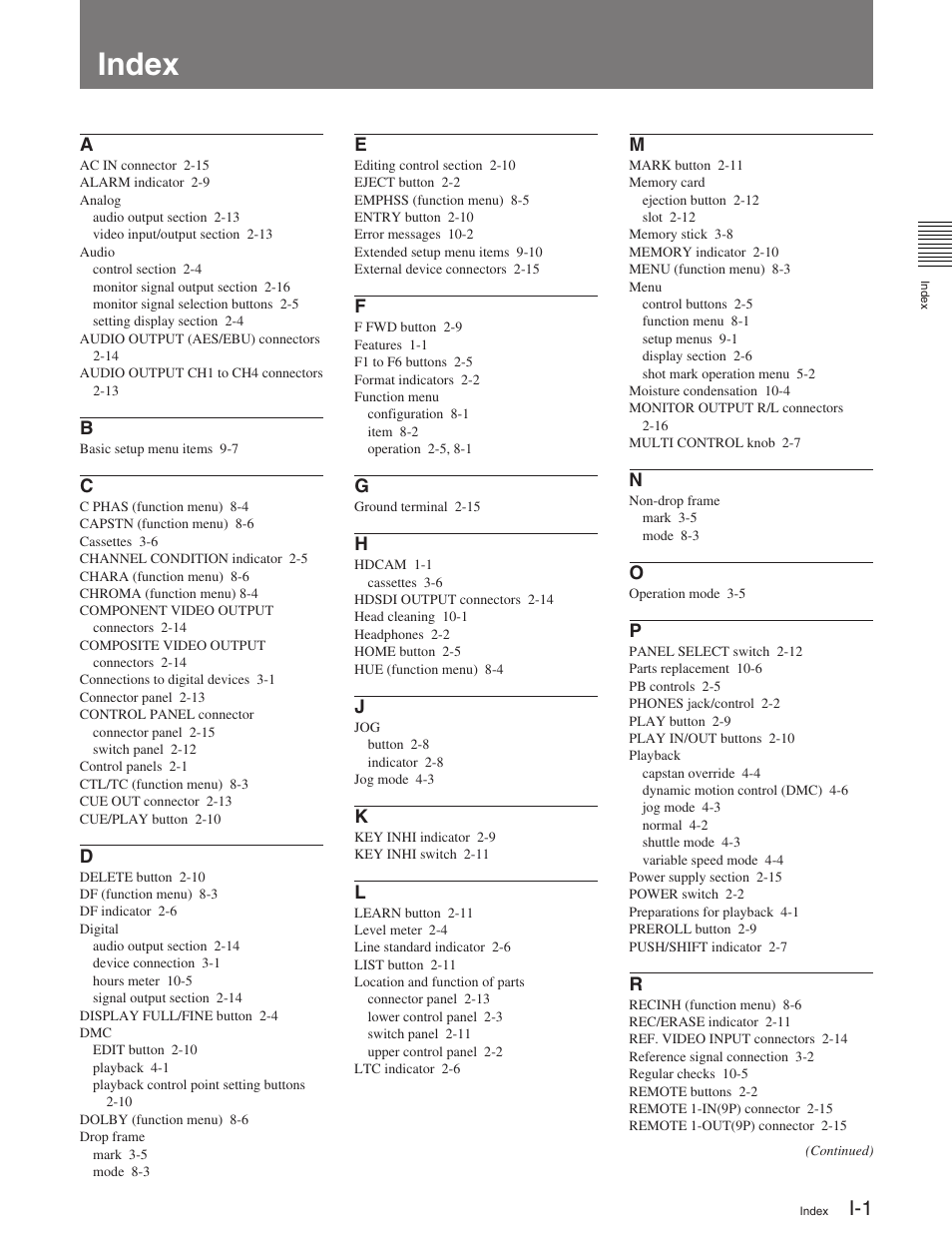 Index | Sony HDW-M2100 User Manual | Page 112 / 115