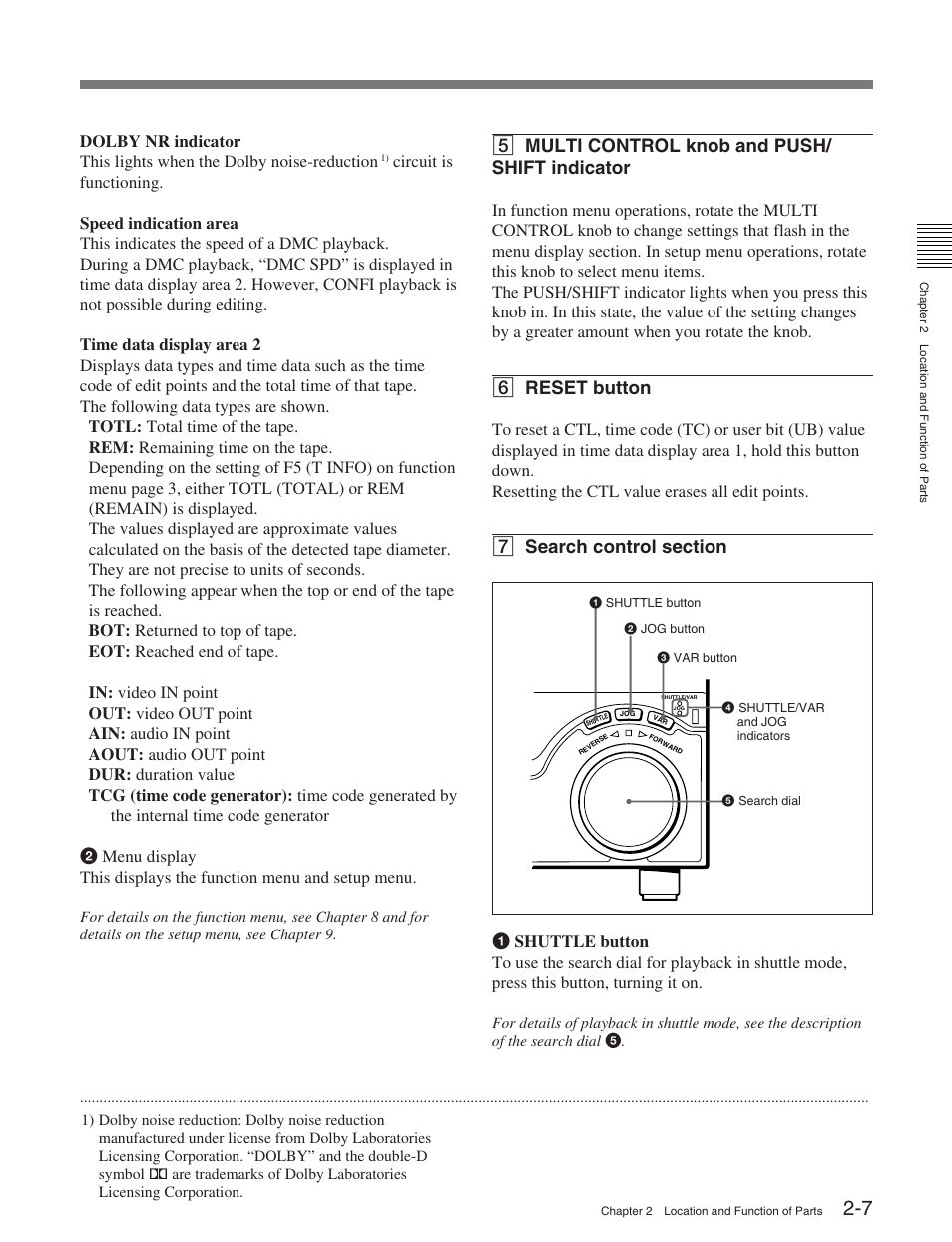 5 multi control knob and push/ shift indicator, 6 reset button | Sony HDW-M2100 User Manual | Page 15 / 115