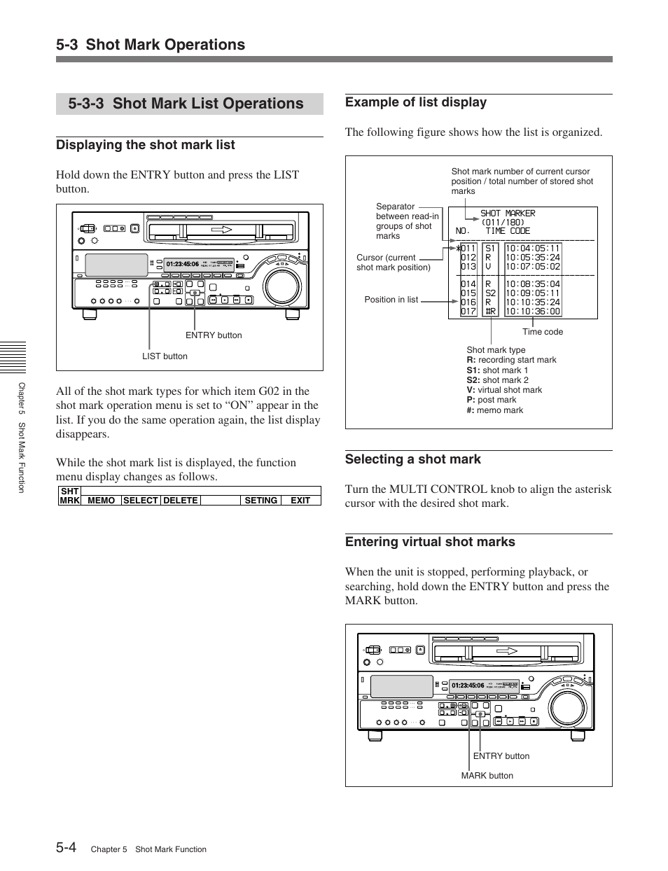 3-3 shot mark list operations, Displaying the shot mark list, Example of list display | Selecting a shot mark, Entering virtual shot marks | Sony HDW-M2100 User Manual | Page 45 / 115