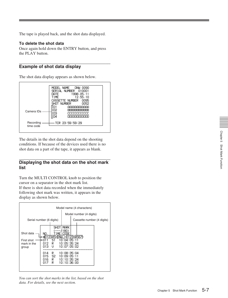 Example of shot data display, Displaying the shot data on the shot mark list | Sony HDW-M2100 User Manual | Page 48 / 115