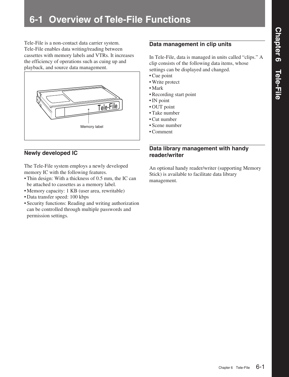 Chapter 6 tele-file, 1 overview of tele-file functions, Chapter 6 t ele-file | Sony HDW-M2100 User Manual | Page 50 / 115