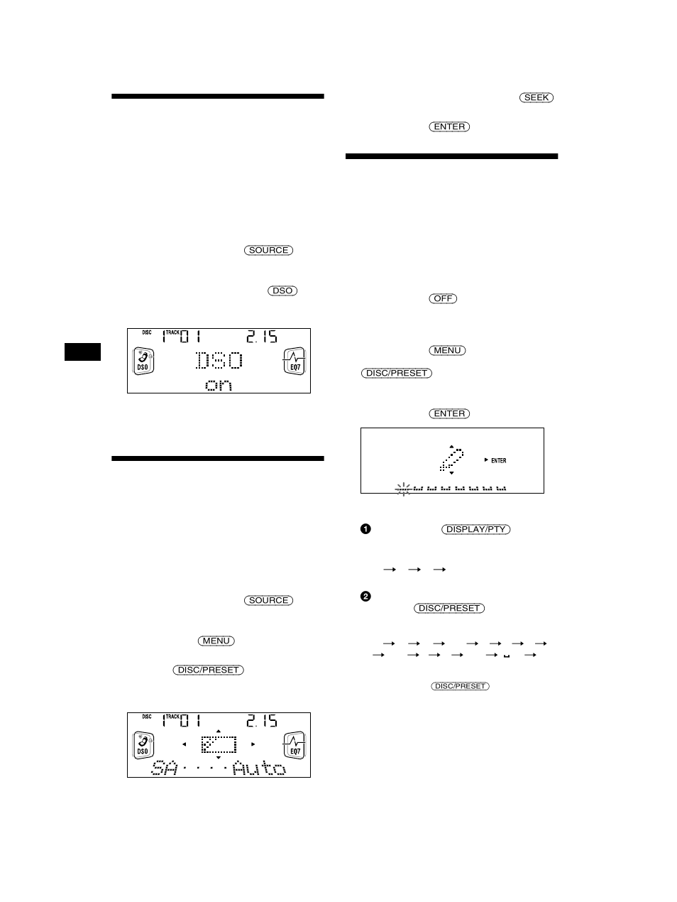 Réglage du dso (dynamic soundstage, Organizer), Display) | Réglage du dso (dynamic soundstage organizer), Sélection de l’analyseur de spectre | Sony CDX-CA750 User Manual | Page 94 / 170