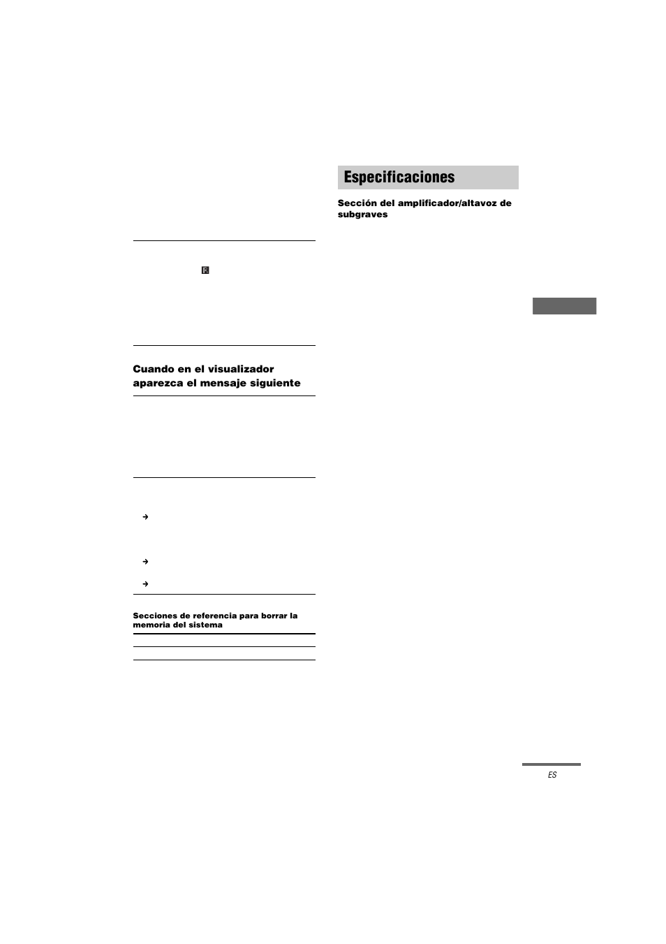 Especificaciones | Sony HT-K250 User Manual | Page 107 / 112
