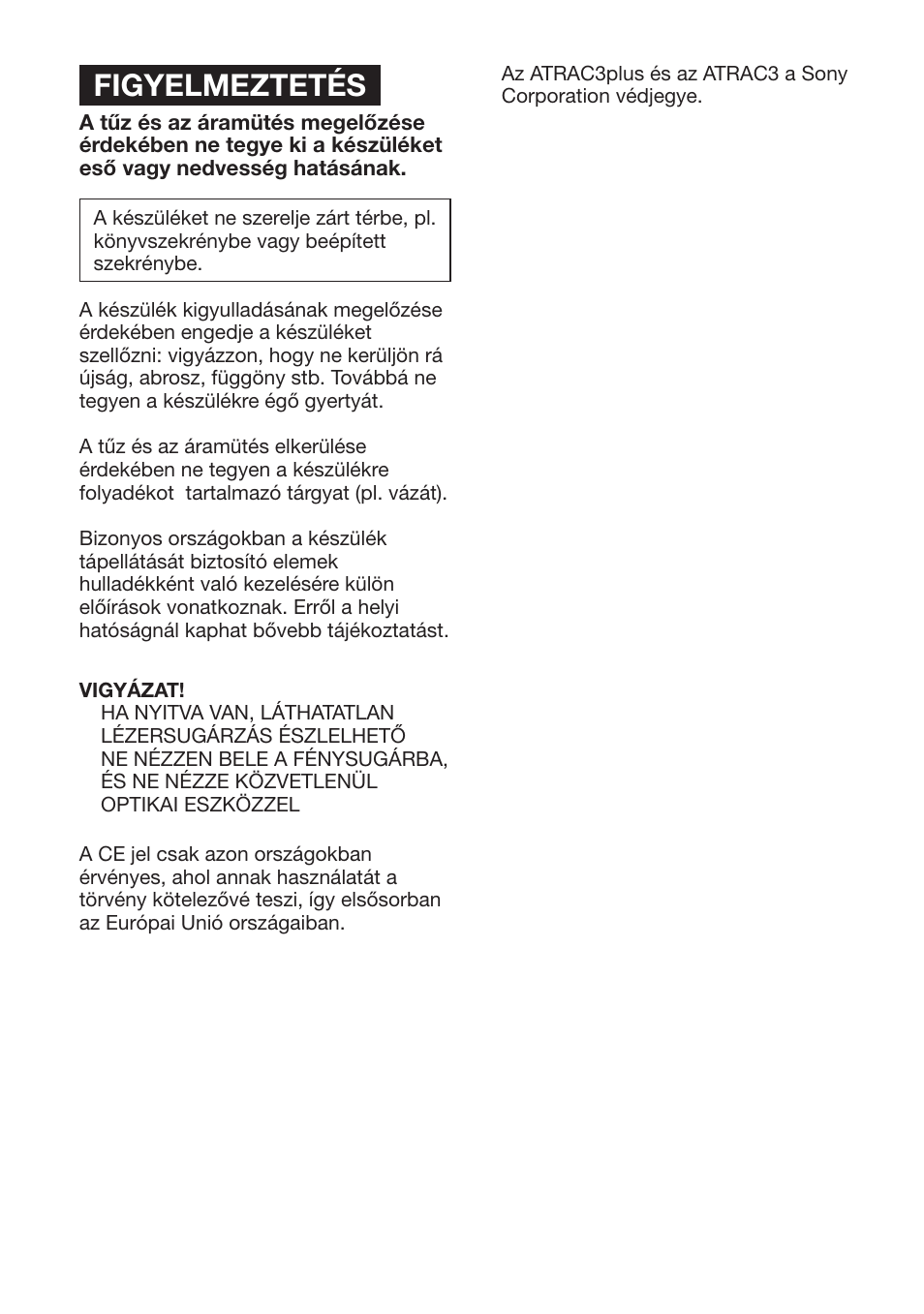 Figyelmeztetés | Sony D-NF611 User Manual | Page 38 / 112