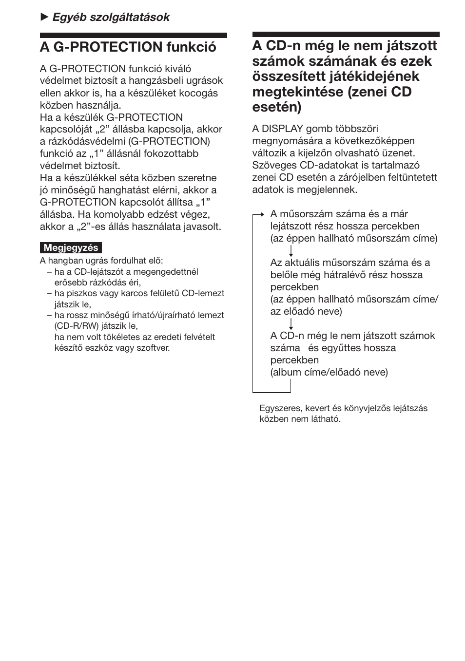 Egyèb szolg·ltat·sok, A g-protection funkciû, Egyéb szolgáltatások | A g-protection funkció, A cd-n még le nem játszott számok | Sony D-NF611 User Manual | Page 62 / 112