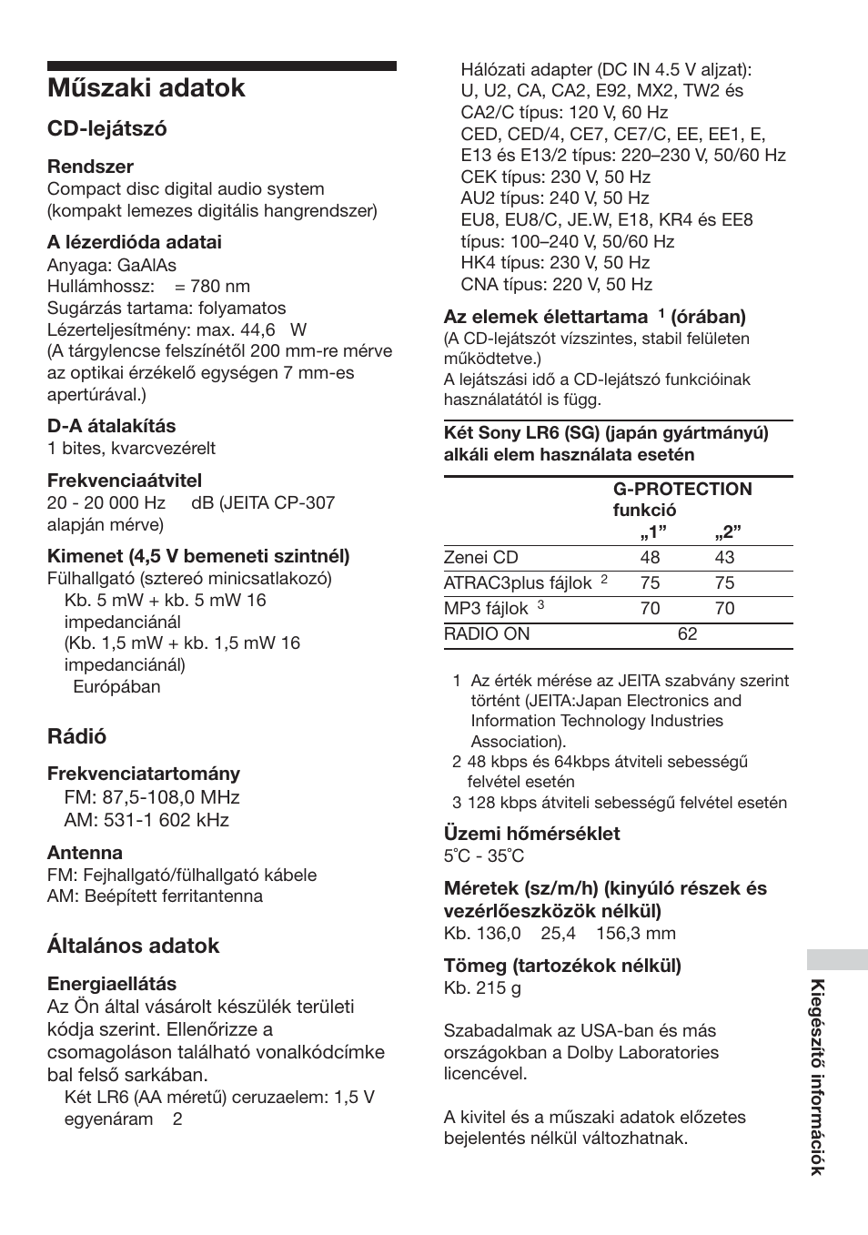 M˚szaki adatok, Műszaki adatok, Cd-lejátszó | Rádió, Általános adatok | Sony D-NF611 User Manual | Page 71 / 112