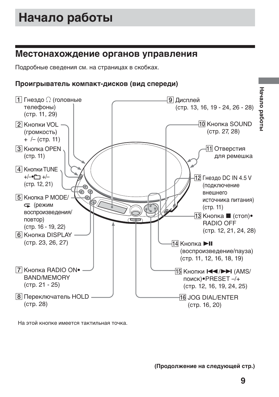 Ha˜aîó pa·óú, Mecúóìaxóê‰eìëe óp„aìó‚ yôpa‚îeìëﬂ, Haчaло paботы | Mecтонaxождeниe оpгaнов yпpaвлeния | Sony D-NF611 User Manual | Page 81 / 112