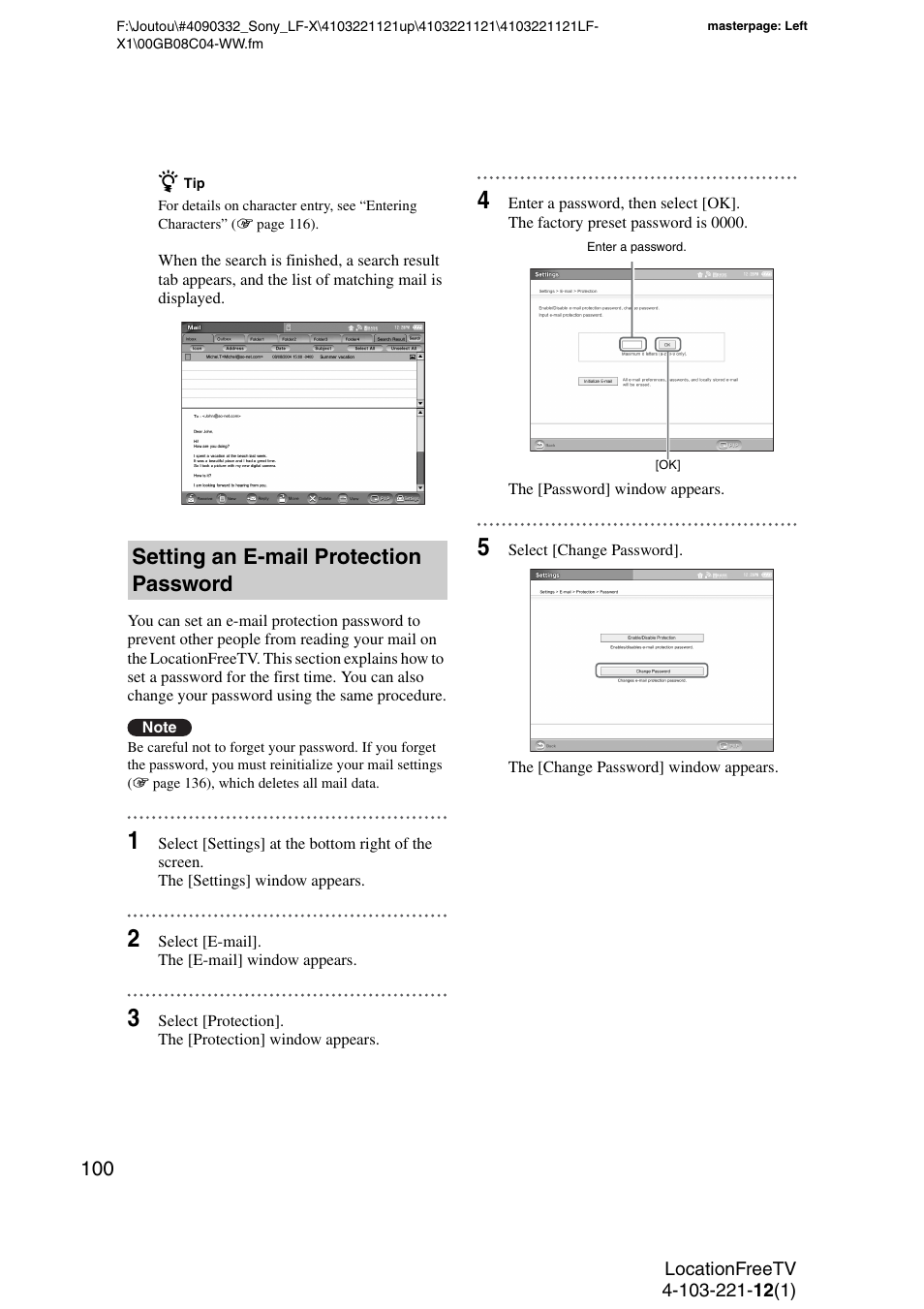 Setting an e-mail protection password | Sony LF-X1 User Manual | Page 100 / 160