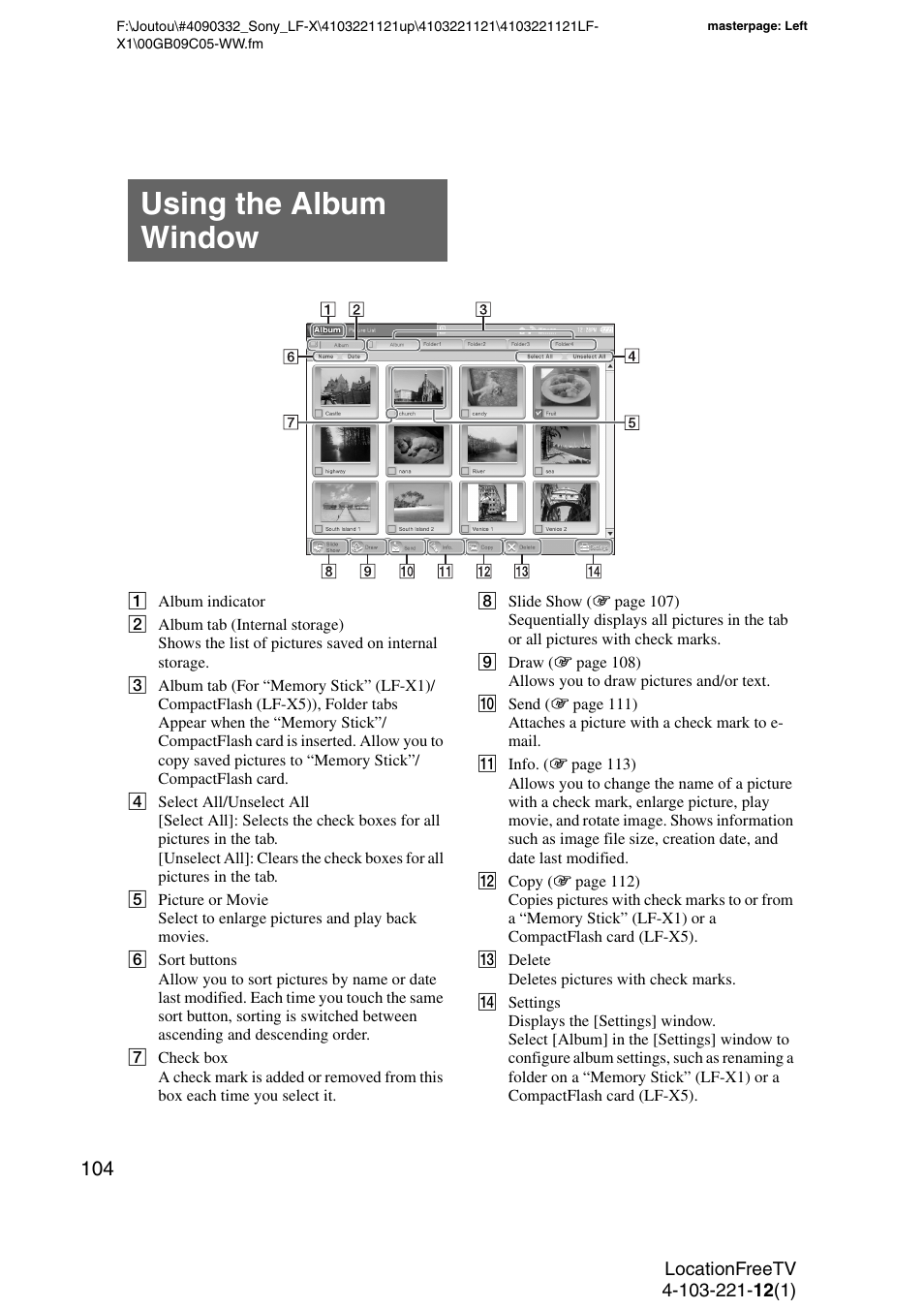 Using the album window | Sony LF-X1 User Manual | Page 104 / 160