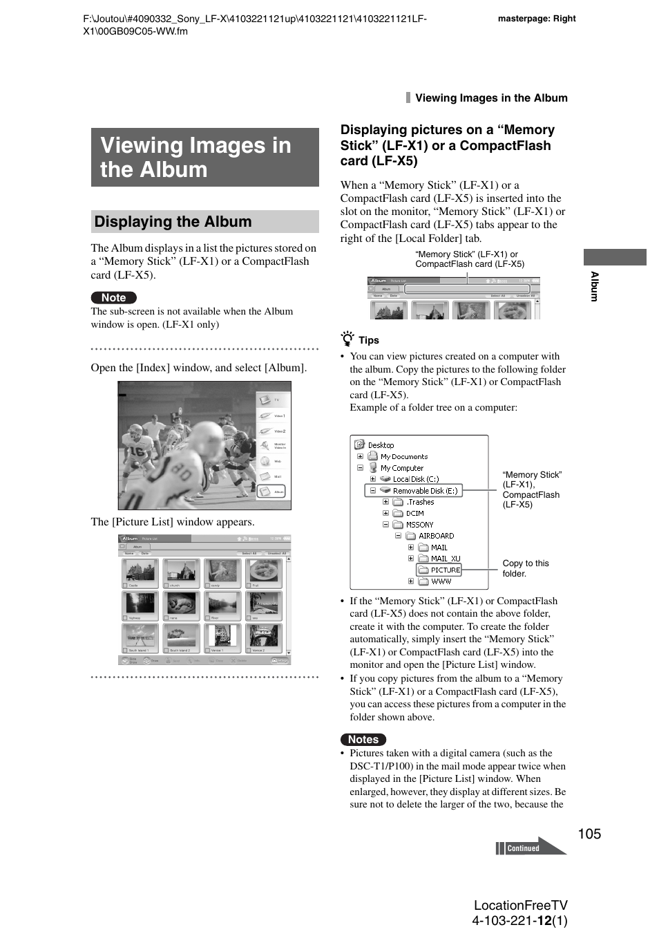 Viewing images in the album, Displaying the album | Sony LF-X1 User Manual | Page 105 / 160