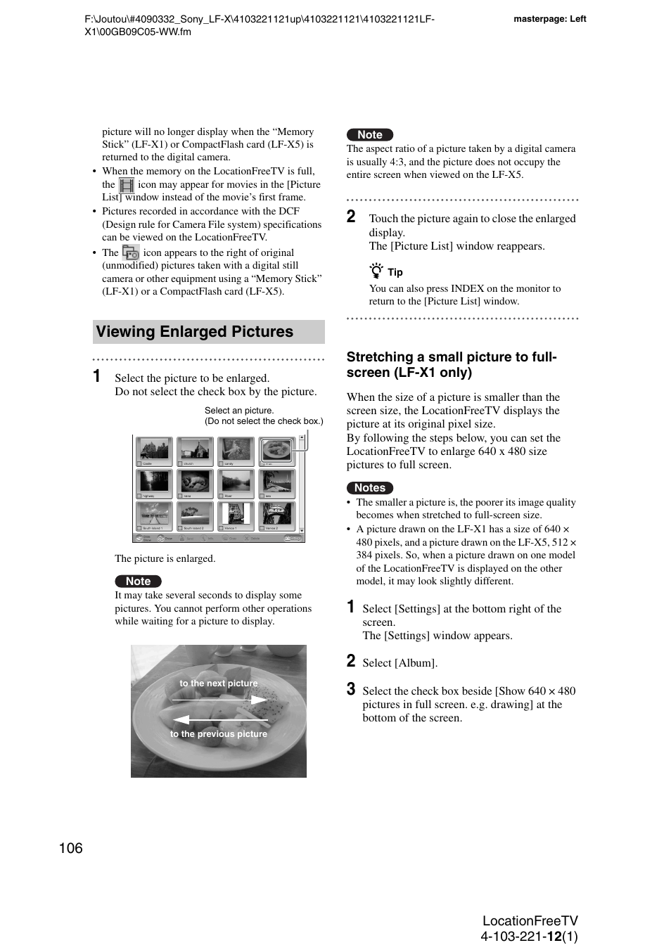 Viewing enlarged pictures | Sony LF-X1 User Manual | Page 106 / 160