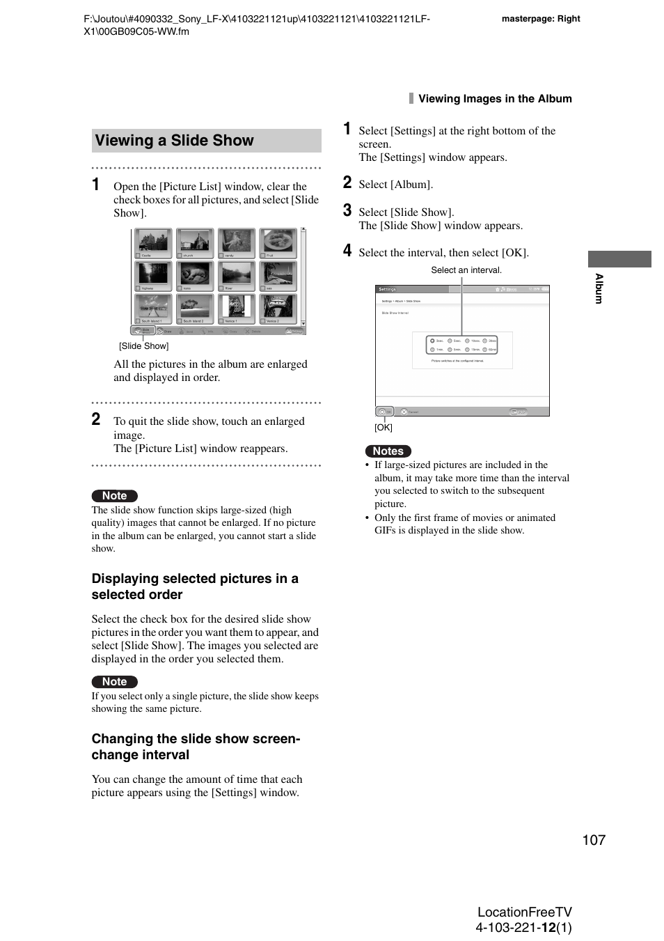 Viewing a slide show | Sony LF-X1 User Manual | Page 107 / 160