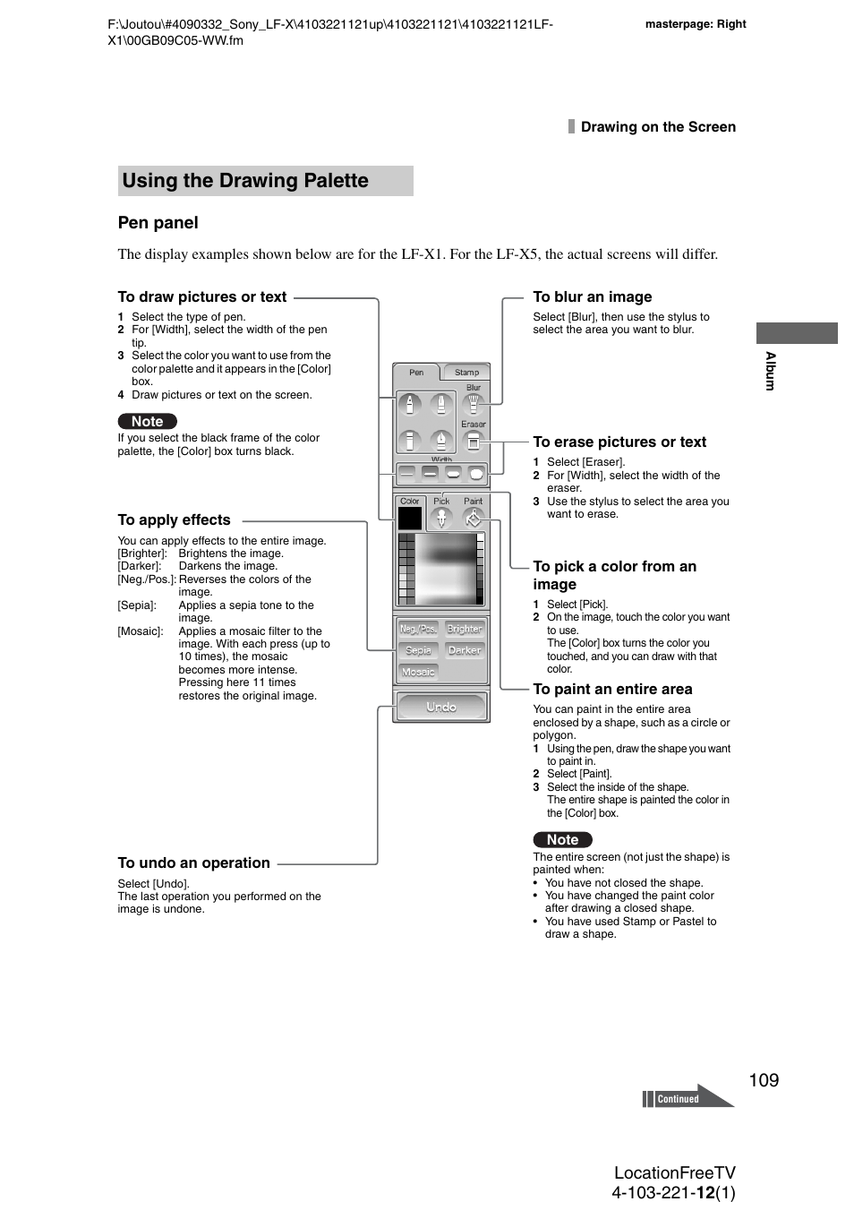 Using the drawing palette, Pen panel | Sony LF-X1 User Manual | Page 109 / 160