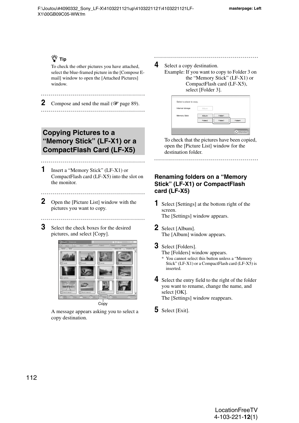Copying pictures to a “memory stick” (lf-x1) or a | Sony LF-X1 User Manual | Page 112 / 160