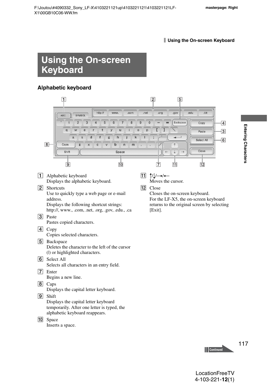 Using the on-screen keyboard | Sony LF-X1 User Manual | Page 117 / 160