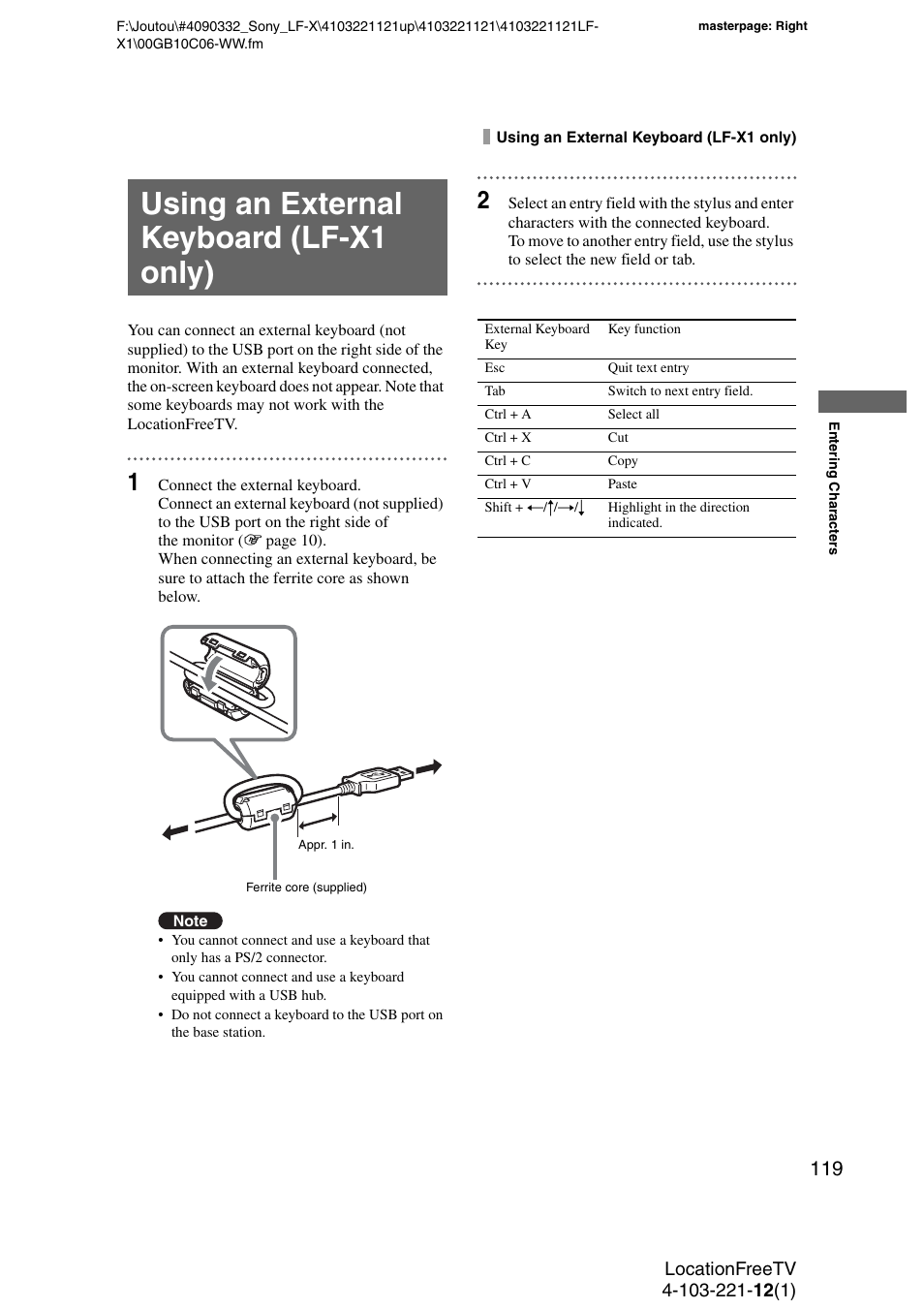 Using an external keyboard (lf-x1 only) | Sony LF-X1 User Manual | Page 119 / 160