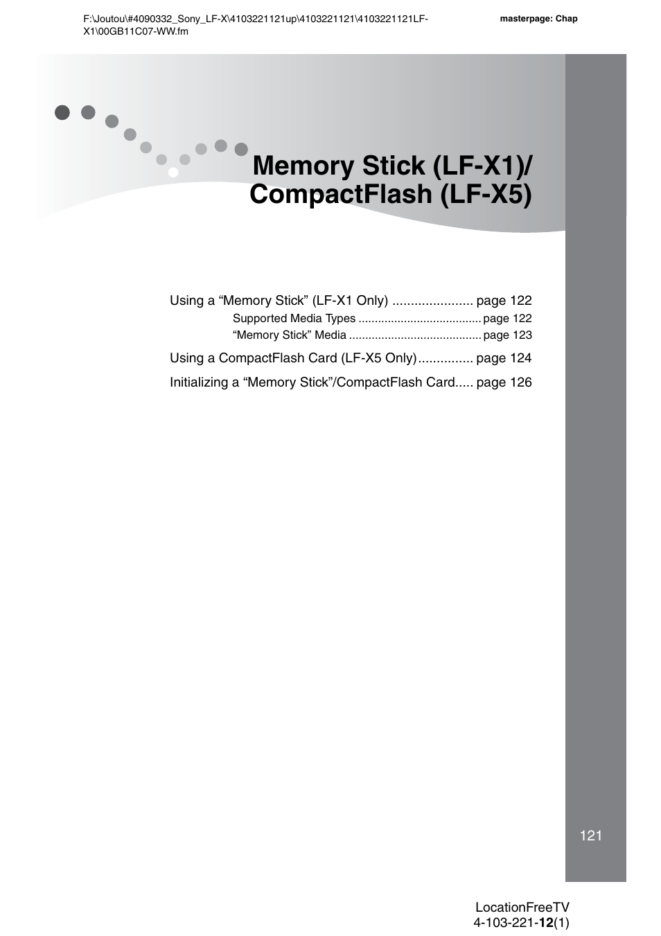 Memory stick (lf-x1)/ compactflash (lf-x5), Memory stick (lf-x1)/compactflash (lf-x5) | Sony LF-X1 User Manual | Page 121 / 160