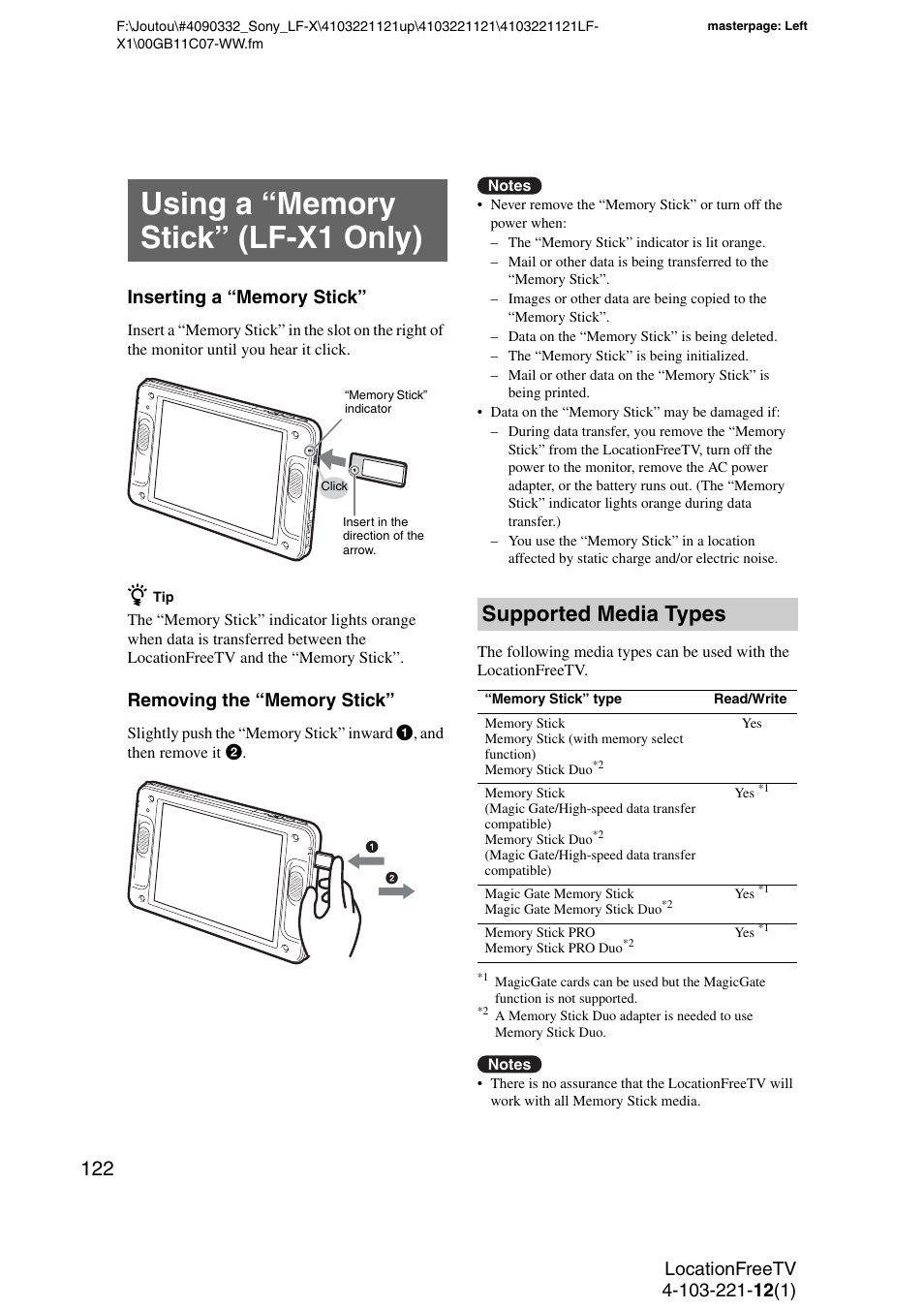 Using a “memory stick” (lf-x1 only), Supported media types | Sony LF-X1 User Manual | Page 122 / 160