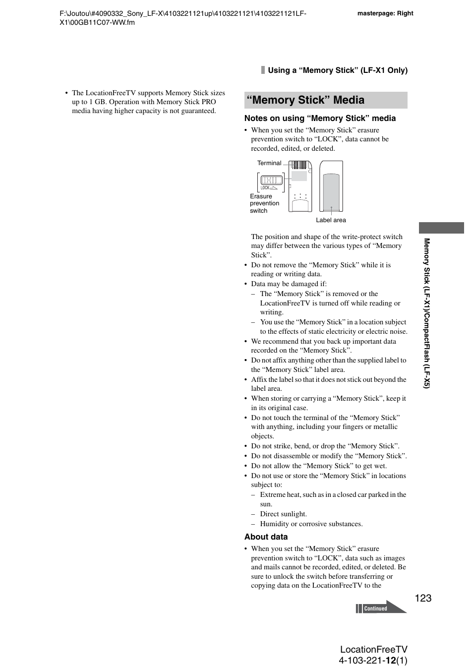 Memory stick” media | Sony LF-X1 User Manual | Page 123 / 160