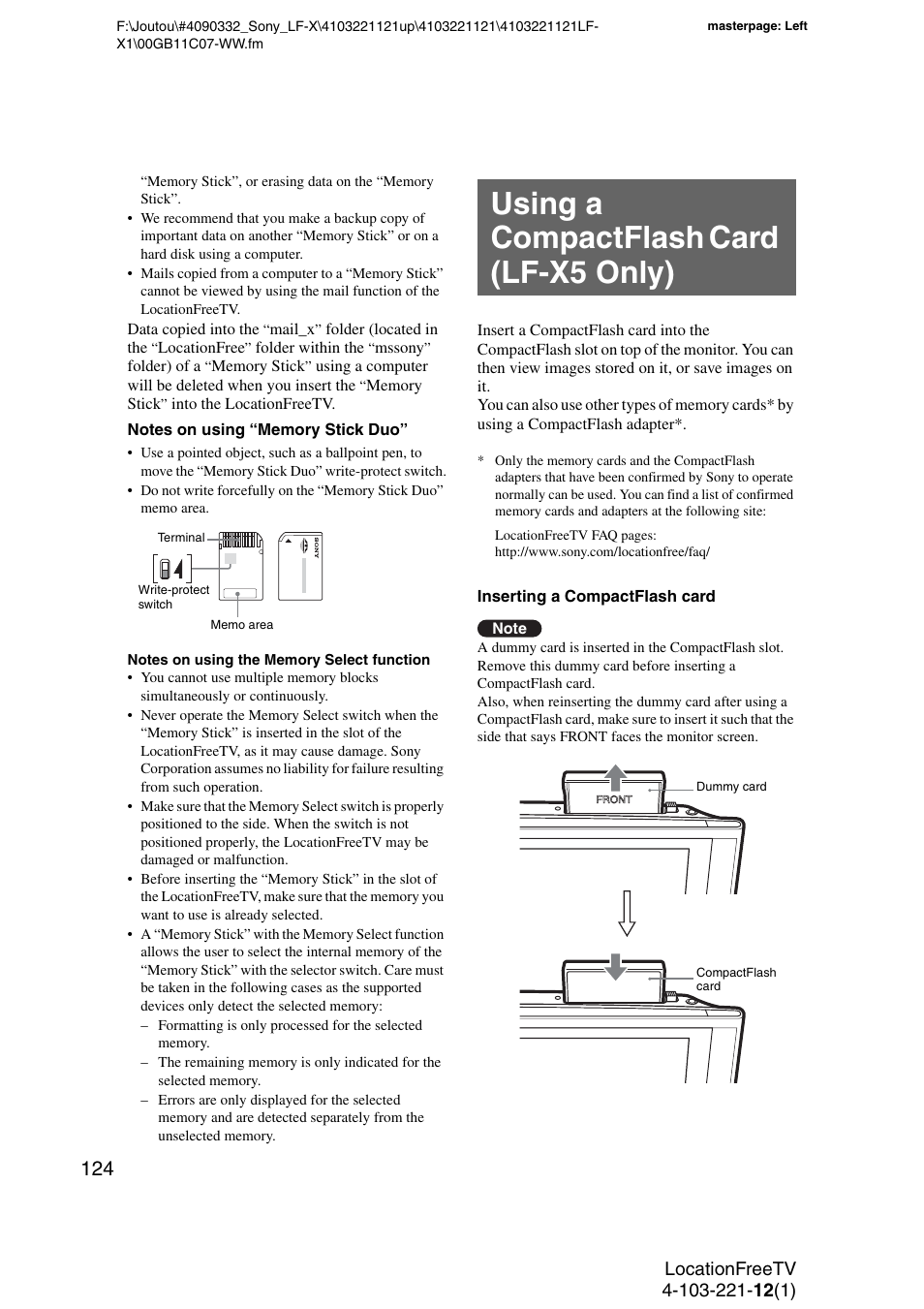 Using a compactflash card (lf-x5 only), Card indicator | Sony LF-X1 User Manual | Page 124 / 160