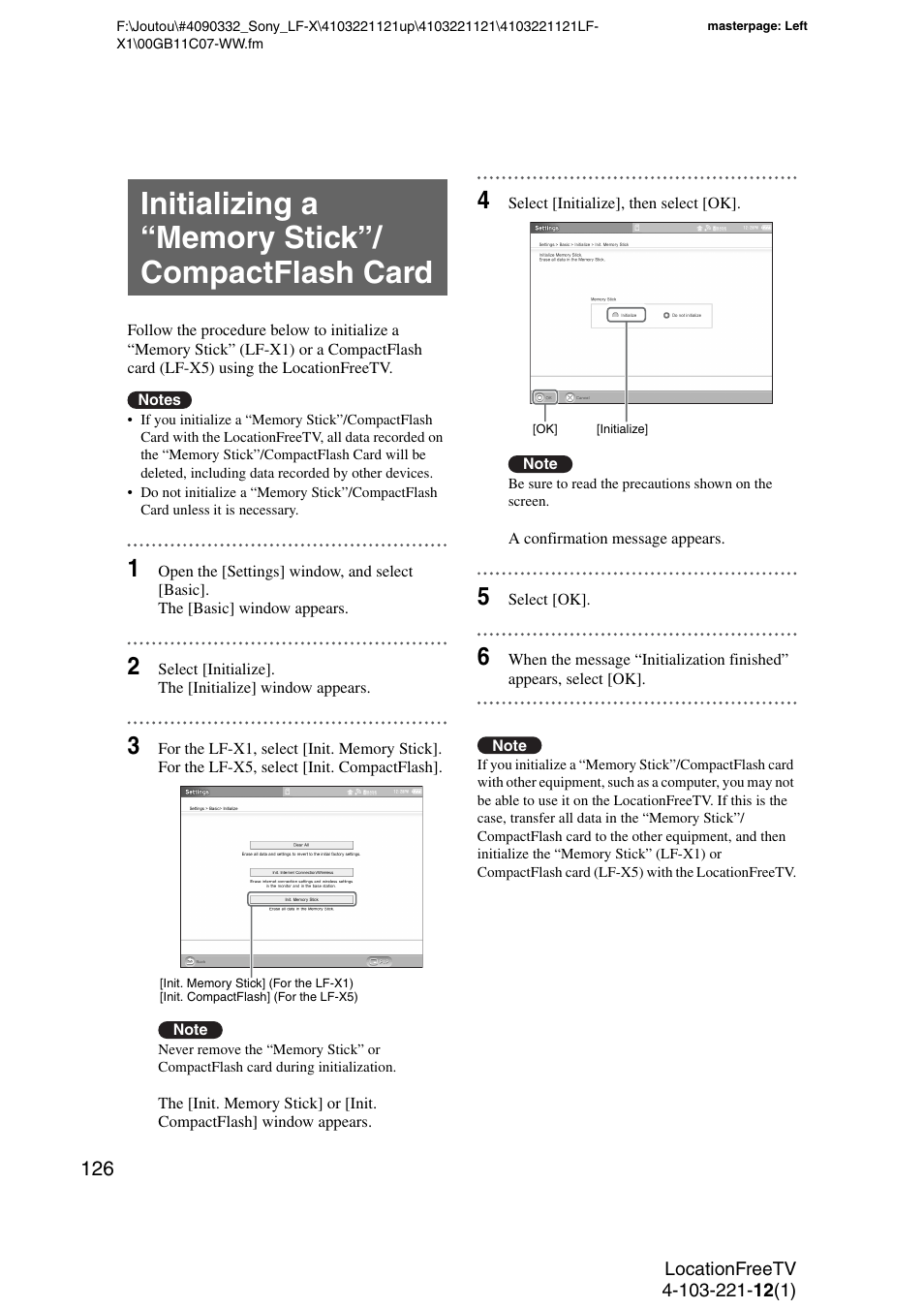 Initializing a “memory stick”/ compactflash card, Initializing a “memory stick”/compactflash card | Sony LF-X1 User Manual | Page 126 / 160