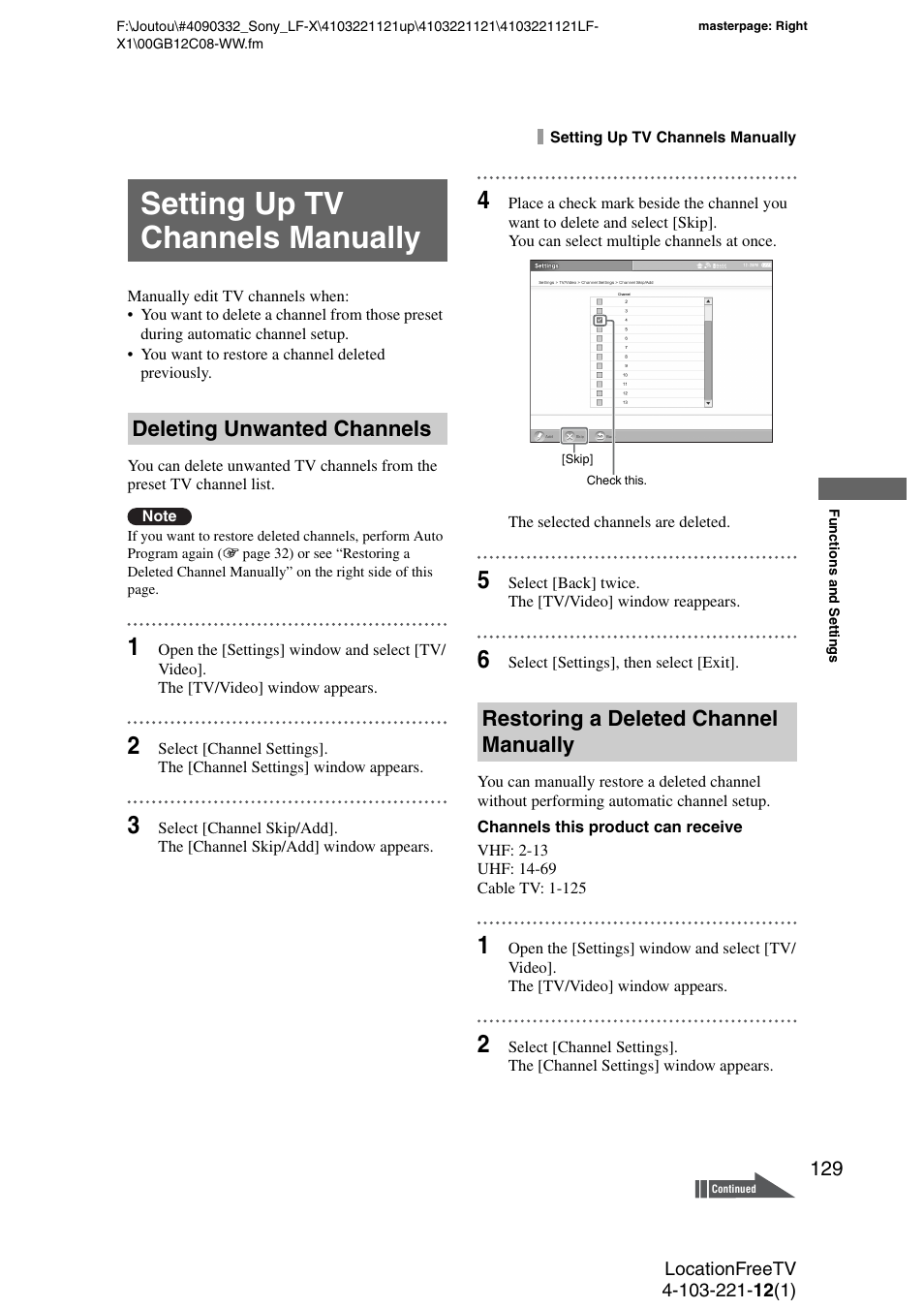 Setting up tv channels manually, Deleting unwanted channels, Restoring a deleted channel manually | Sony LF-X1 User Manual | Page 129 / 160