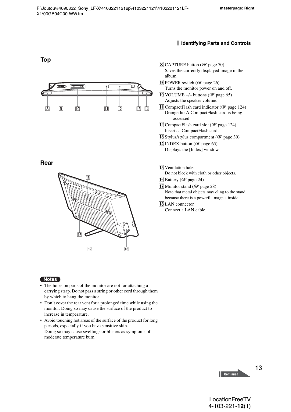 Rear | Sony LF-X1 User Manual | Page 13 / 160