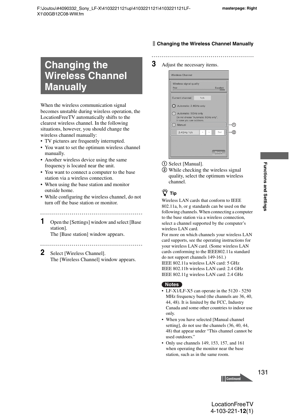 Changing the wireless channel manually | Sony LF-X1 User Manual | Page 131 / 160