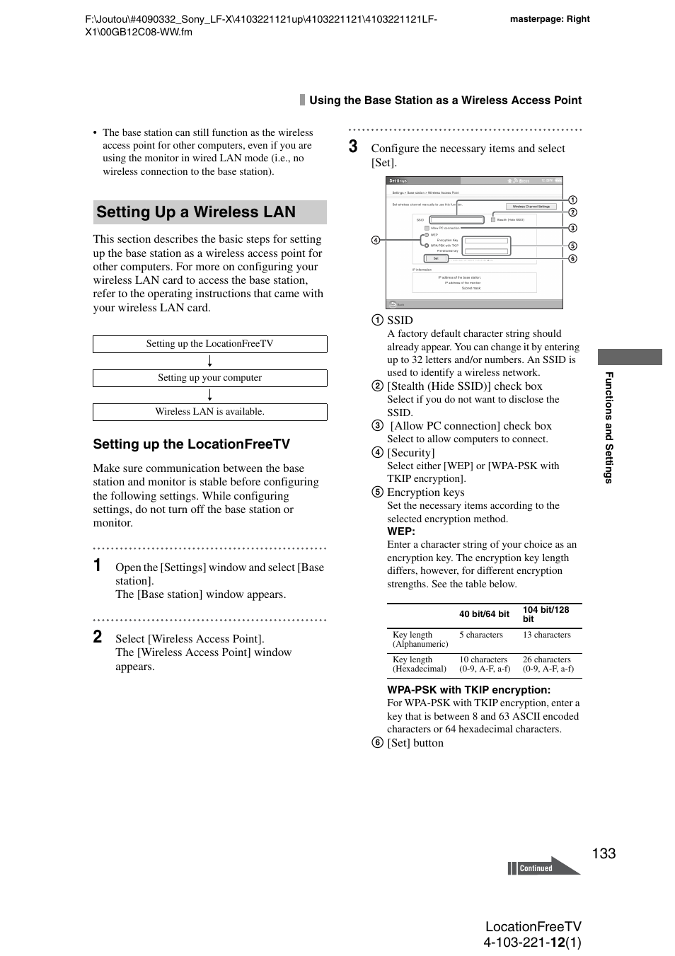 Setting up a wireless lan, Setting up the locationfreetv | Sony LF-X1 User Manual | Page 133 / 160