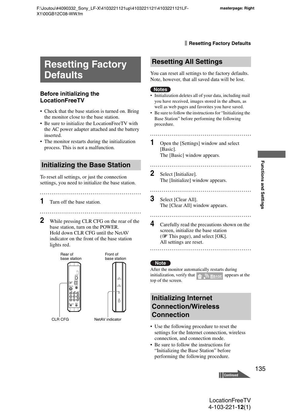 Resetting factory defaults, Initializing the base station, Resetting all settings | Tton | Sony LF-X1 User Manual | Page 135 / 160