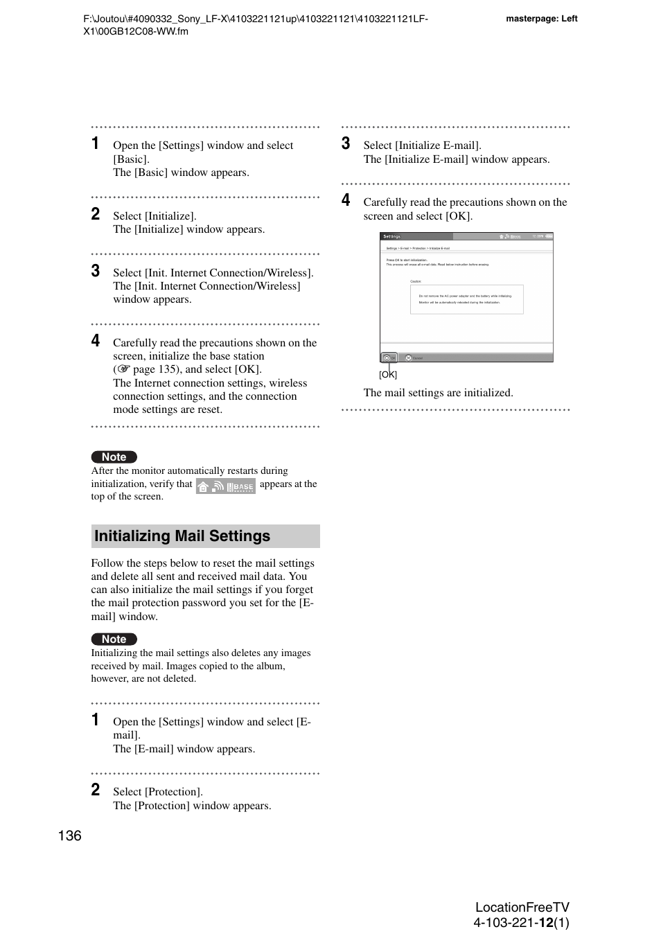 Initializing mail settings | Sony LF-X1 User Manual | Page 136 / 160