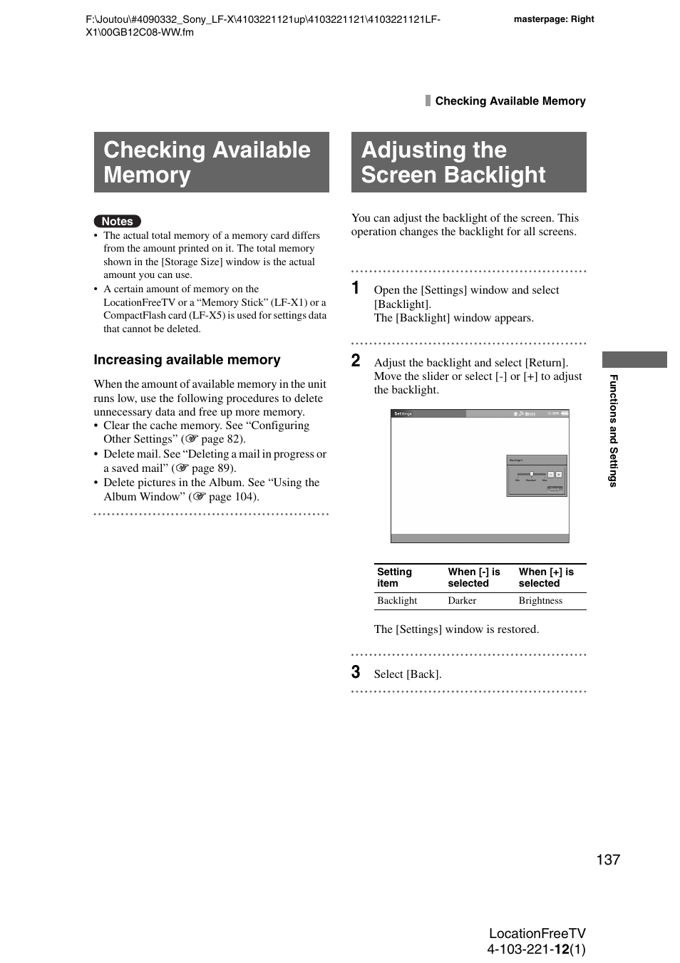 Checking available memory, Adjusting the screen backlight | Sony LF-X1 User Manual | Page 137 / 160