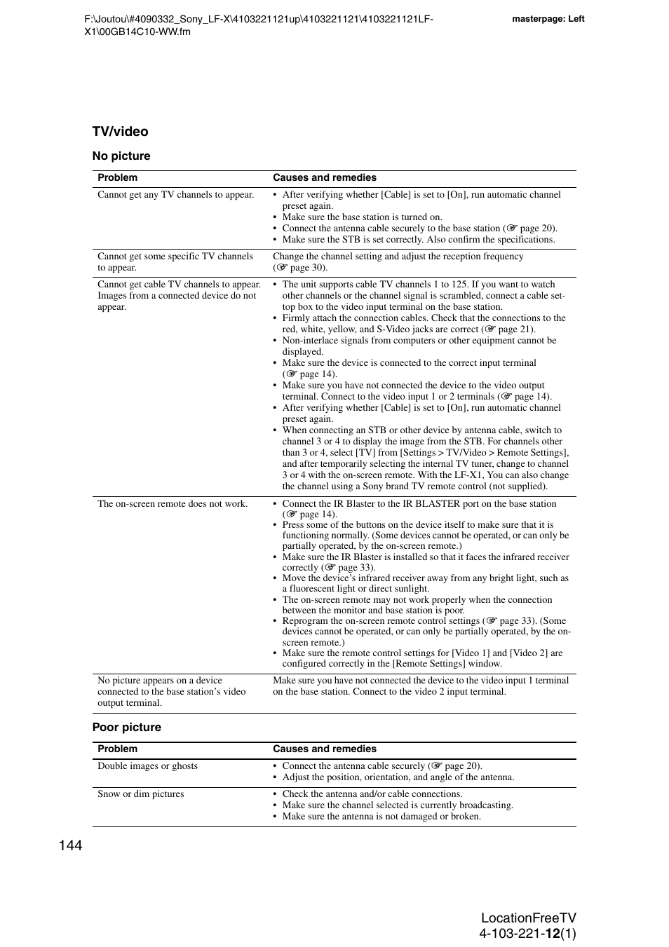 Tv/video | Sony LF-X1 User Manual | Page 144 / 160
