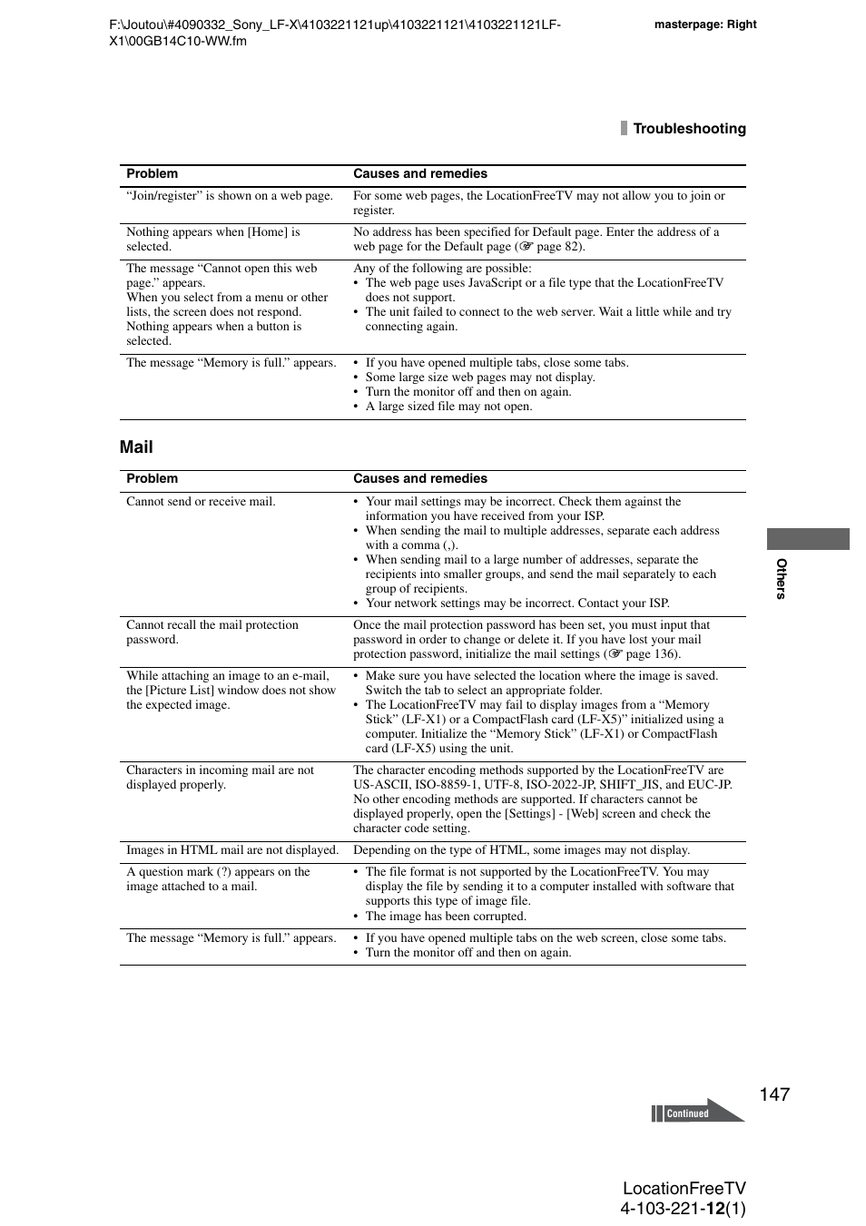Mail | Sony LF-X1 User Manual | Page 147 / 160