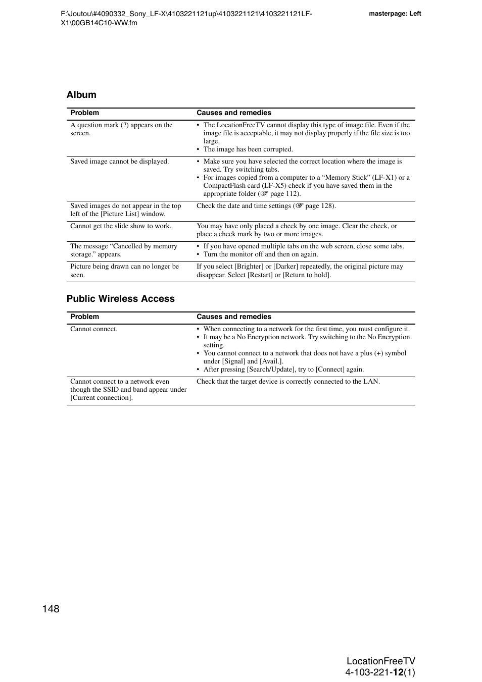 Album public wireless access | Sony LF-X1 User Manual | Page 148 / 160