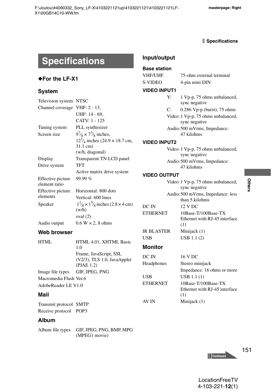Specifications | Sony LF-X1 User Manual | Page 151 / 160